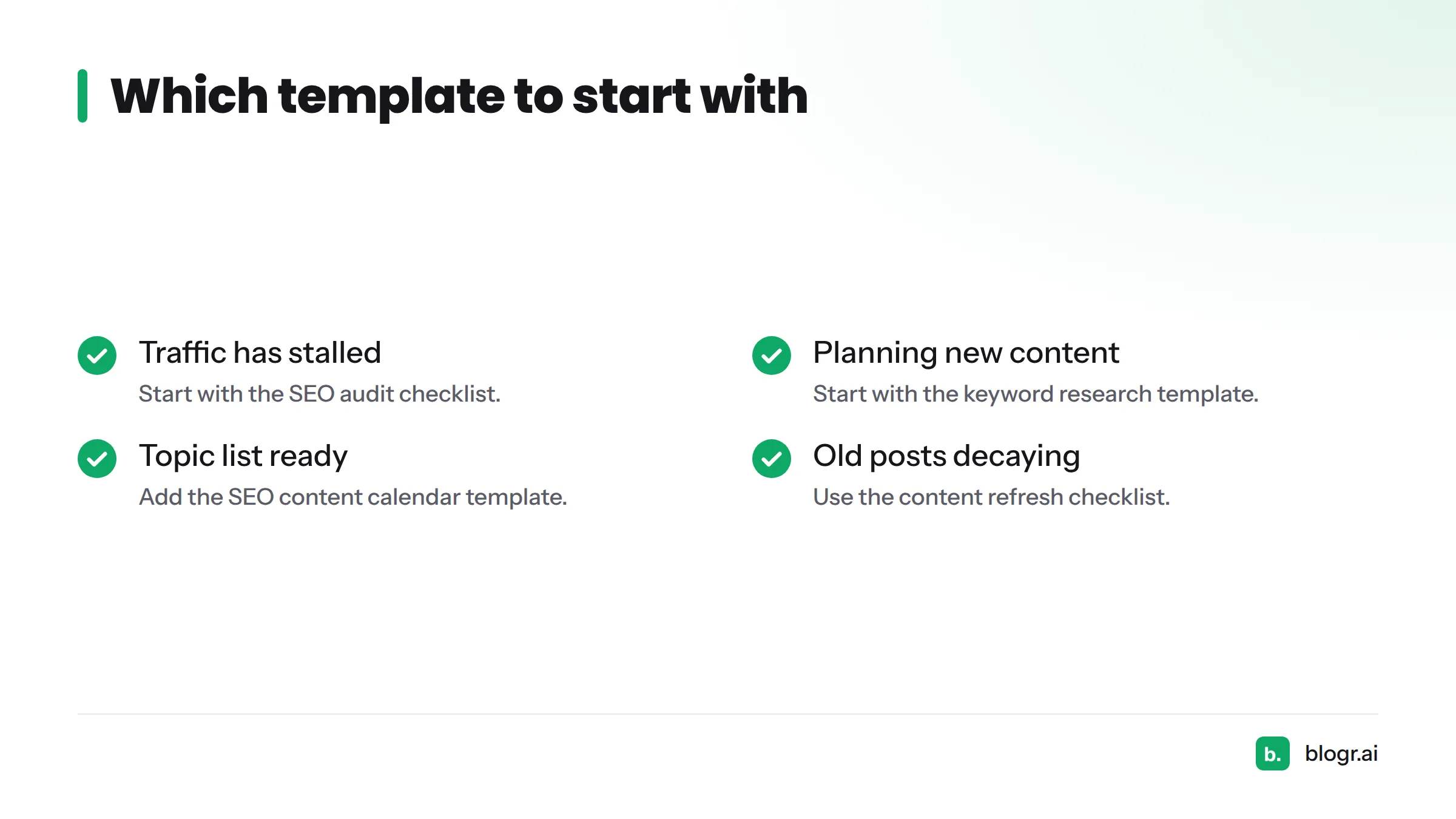 Checklist matching four content problems to the template that fixes each: audit checklist, keyword research, content calendar and refresh checklist.