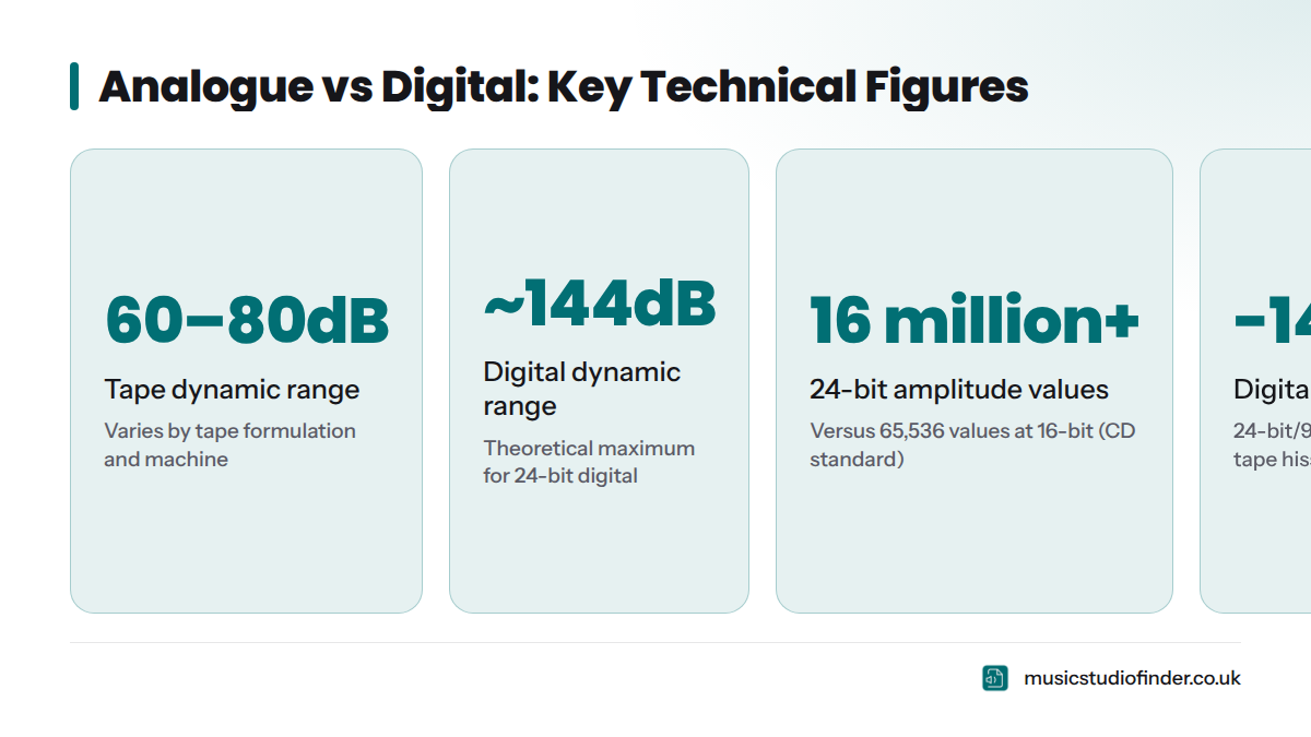 Four headline figures: tape dynamic range of 60–80dB, digital dynamic range of 144dB theoretical, a 24-bit recording offering over 16 million amplitude values, and a digital noise floor below -144dBFS