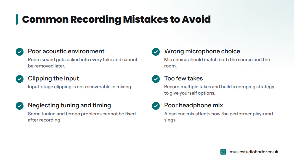 A checklist of six common recording mistakes including poor acoustics, wrong mic choice, input clipping, too few takes, tuning issues, and a bad headphone mix.
