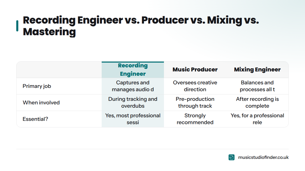Comparison table of four studio roles — Recording Engineer, Music Producer, Mixing Engineer, and Mastering Engineer — contrasting their primary job and when they are involved.