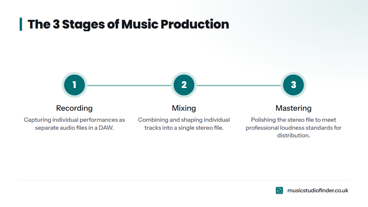 A three-step diagram showing the sequential stages of music production: Recording, then Mixing, then Mastering.