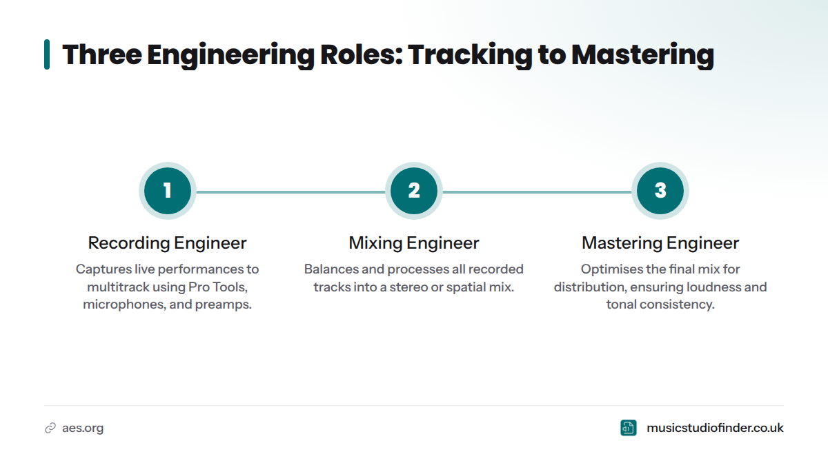 Three sequential audio engineering roles — recording engineer, mixing engineer, and mastering engineer — showing what each does and the tools they use.