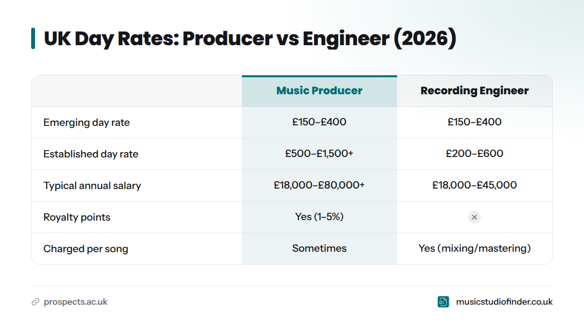 Comparison table showing UK day rates for music producers and recording engineers in 2026, ranging from £150–£400 for emerging roles up to £1,500+ for established producers.