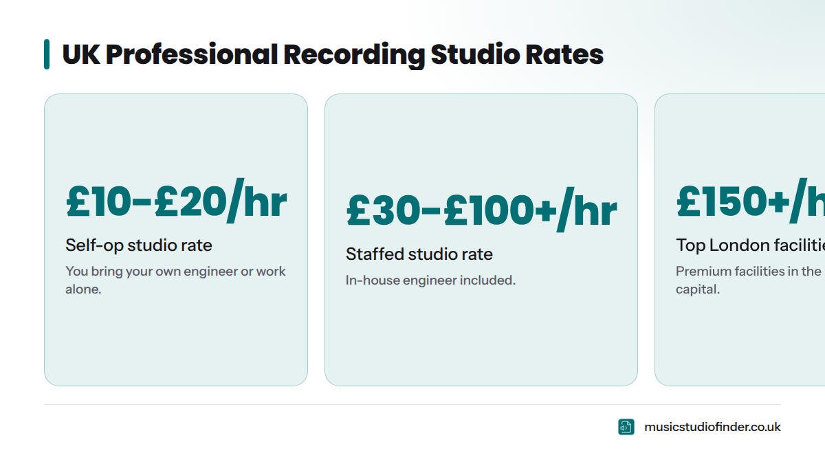 Four headline figures showing UK studio hourly rates: self-op studios from £10 to £20 per hour, staffed studios £30 to £100+ per hour, and top London facilities £150 or more per hour.