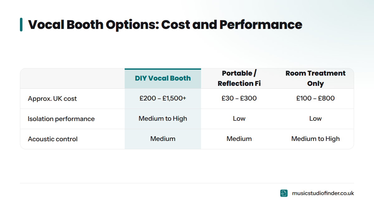Comparison table of four vocal recording approaches showing approximate UK costs, isolation performance, and acoustic control, ranging from DIY booths at £200–£1,500+ to professional studios at £20–£8
