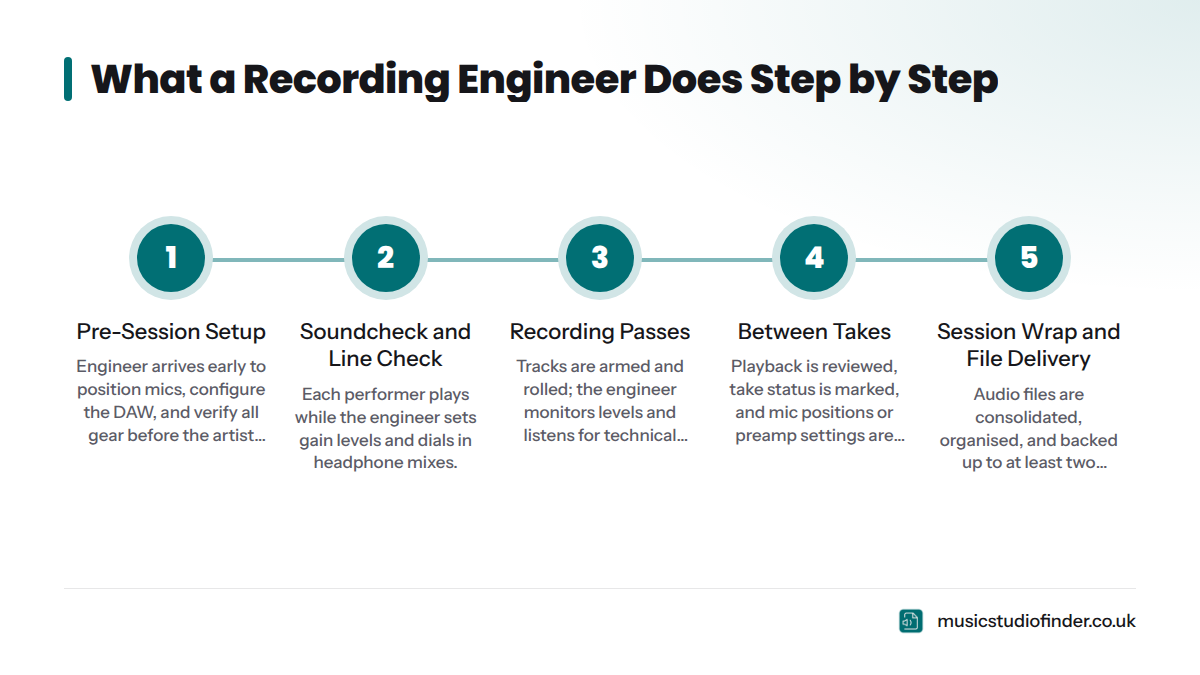 Five-step diagram showing a recording engineer's workflow: pre-session setup, soundcheck, recording passes, between-takes review, and session wrap with file delivery.