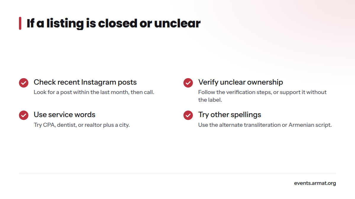 Four fixes: check Instagram and call when a listing looks closed, verify unclear ownership, switch to service words, and try alternate spellings.