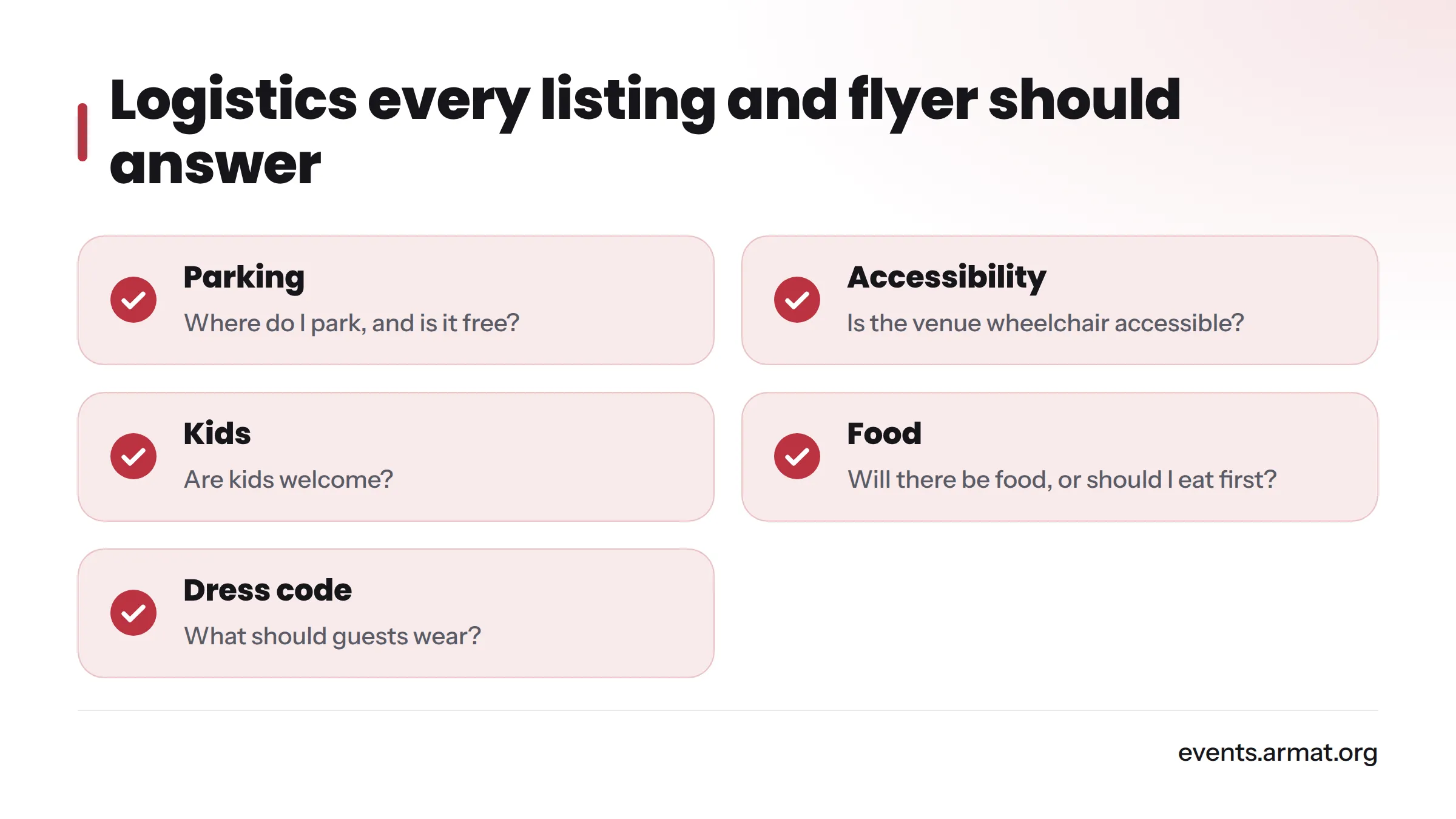 A checklist of five questions every listing should answer: parking and its cost, wheelchair access, whether kids are welcome, whether food is served, and the dress code.
