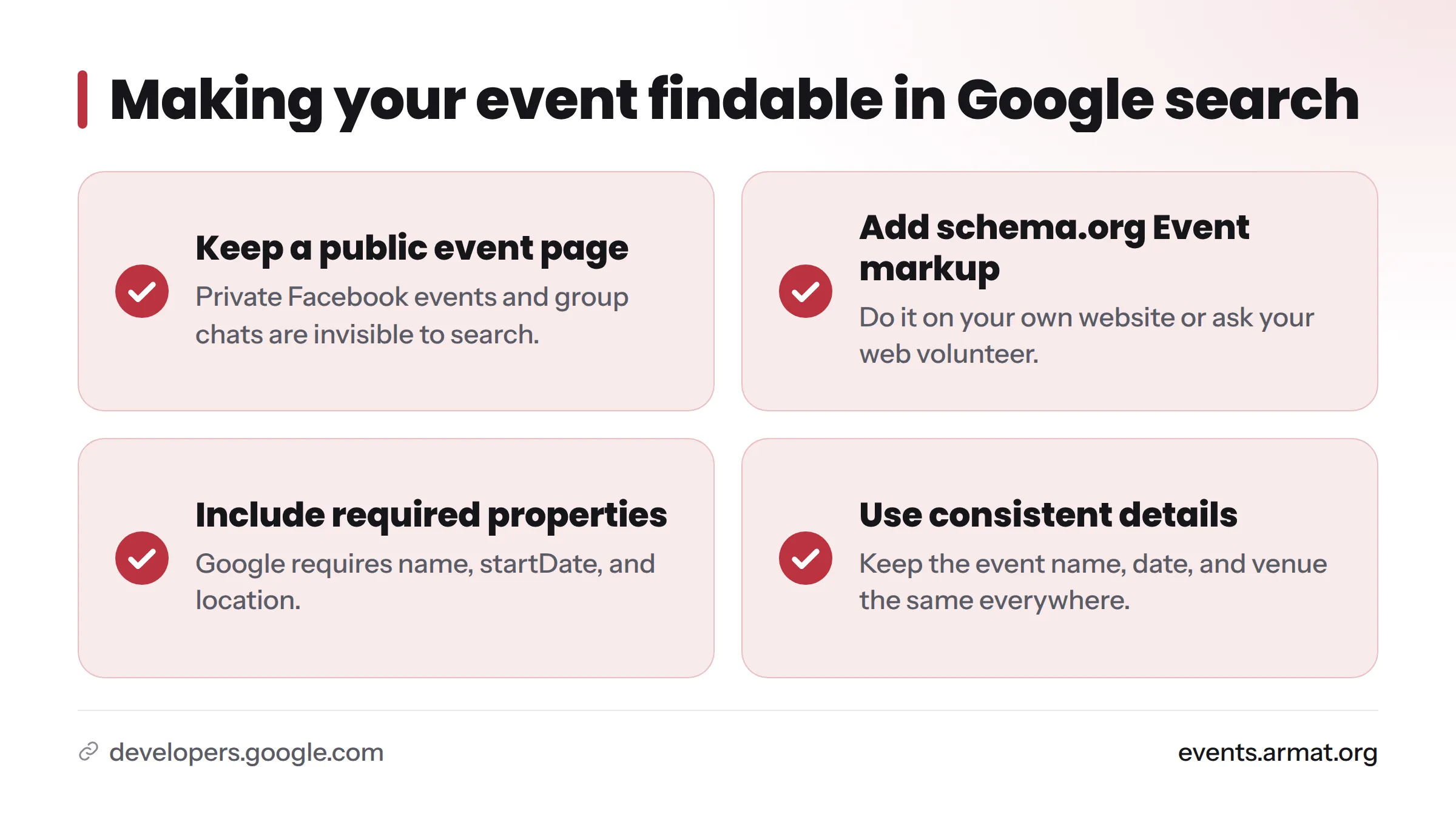 A checklist for search visibility: a public event page, Event markup with the required name, startDate, and location properties, and the same name, date, and venue everywhere.