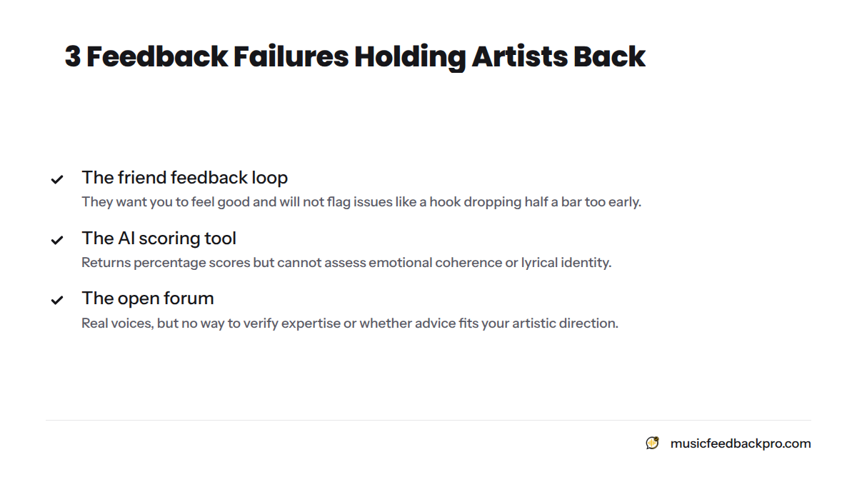 A checklist of three common feedback failures: the friend feedback loop, AI scoring tools, and open forums, each with a key limitation described.