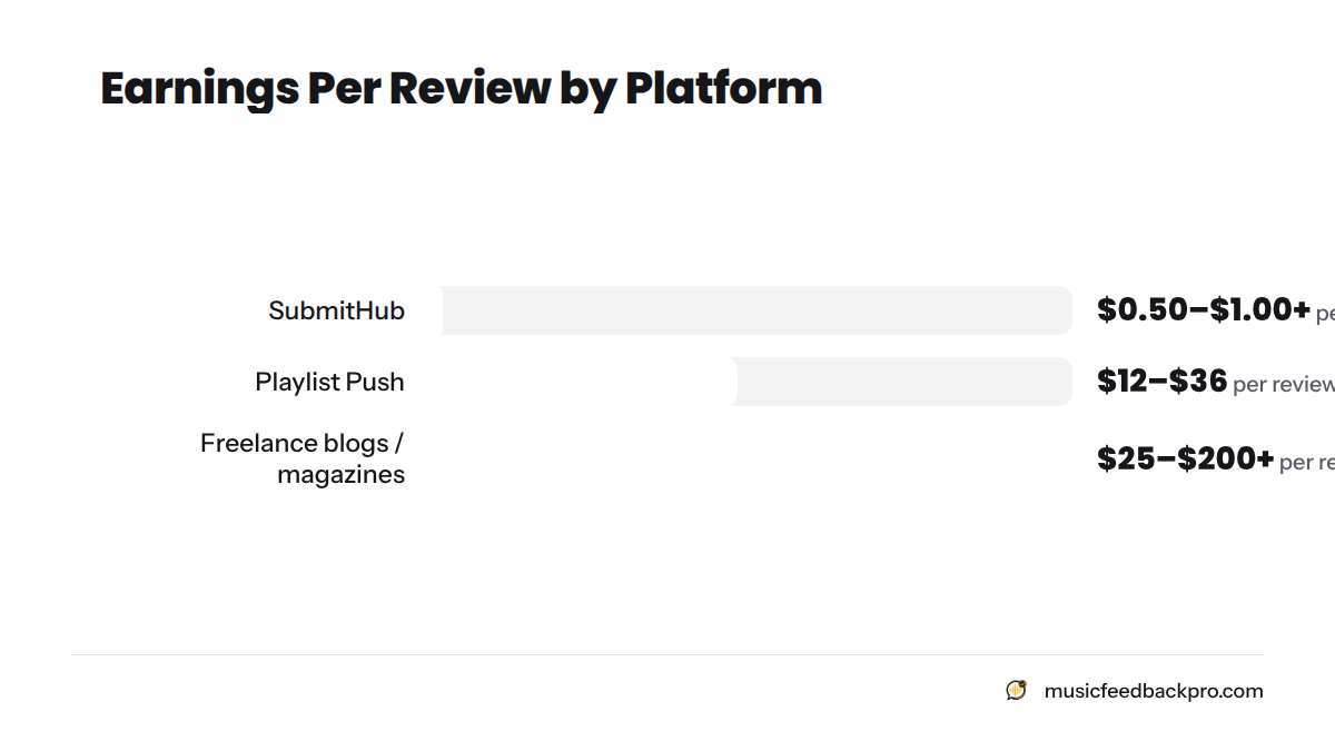 A bar chart comparing earnings per review across platforms: SubmitHub pays $0.50–$1.00, Playlist Push pays $12–$36, and freelance blogs or magazines pay $25–$200 or more.