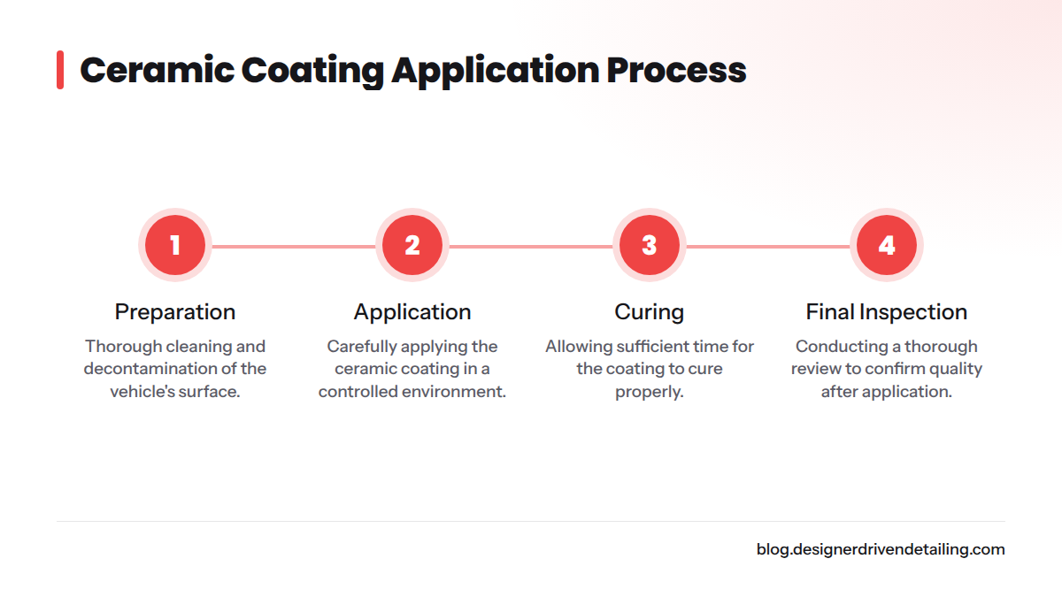 Steps involved in ceramic coating application process, detailing each phase of the process.