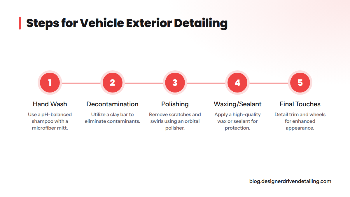 A visual guide showing the steps for vehicle exterior detailing including hand wash, decontamination, polishing, waxing, and final touches.