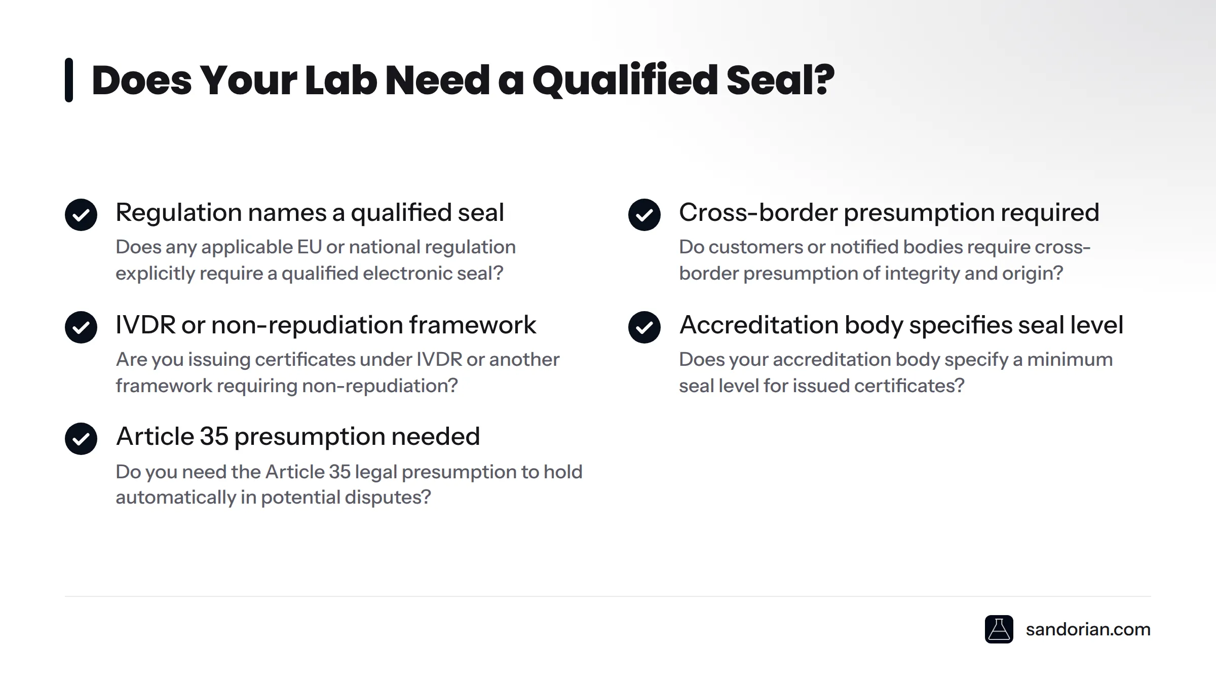 Checklist of five questions lab managers should answer to determine whether a qualified electronic seal is mandatory, covering regulations, customer requirements, IVDR, accreditation body rules, and…