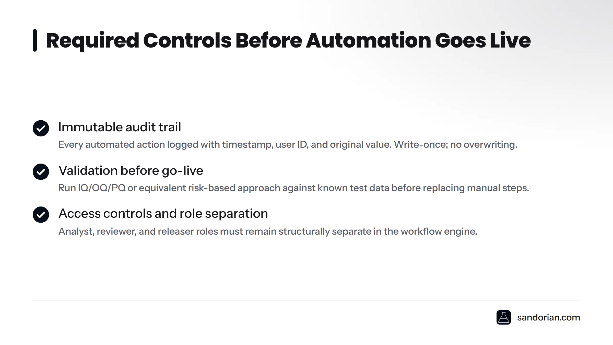 A checklist of three mandatory controls for automated lab workflows: immutable audit trail, validation before go-live, and access controls with role separation.