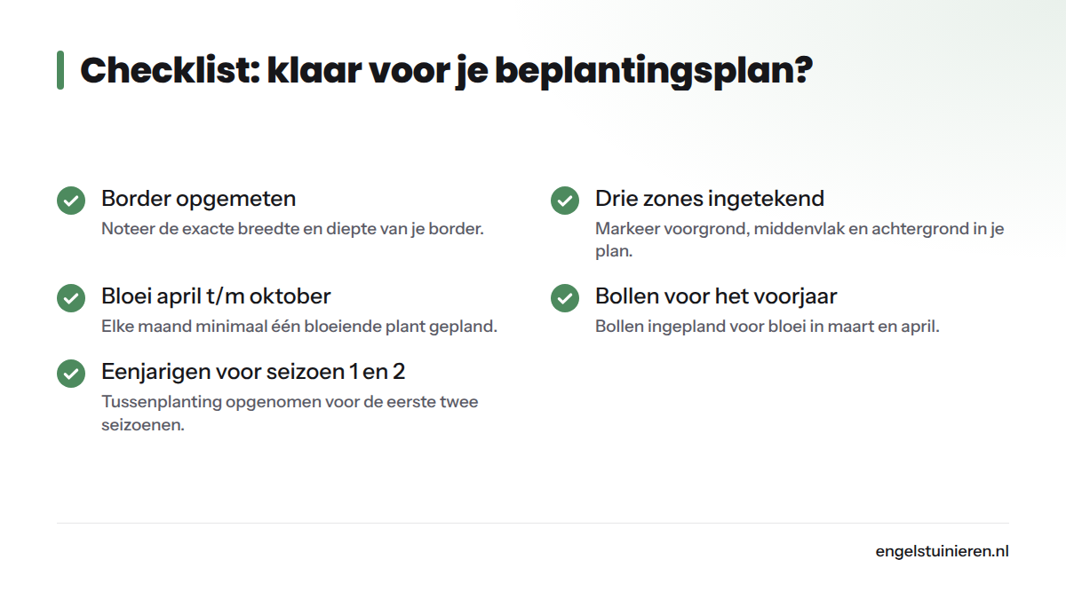 Tien checklistpunten om te doorlopen voordat je een cottage tuin beplantingsplan definitief invult, van opmeten tot bloeikalender controleren.
