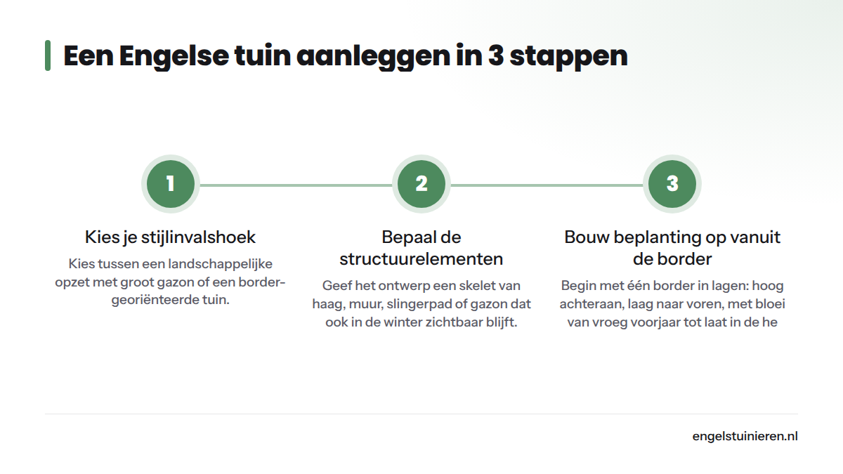 Drie opeenvolgende stappen om een Engelse tuin aan te leggen: kies een stijlinvalshoek, bepaal structuurelementen en bouw de beplanting op vanuit de border.