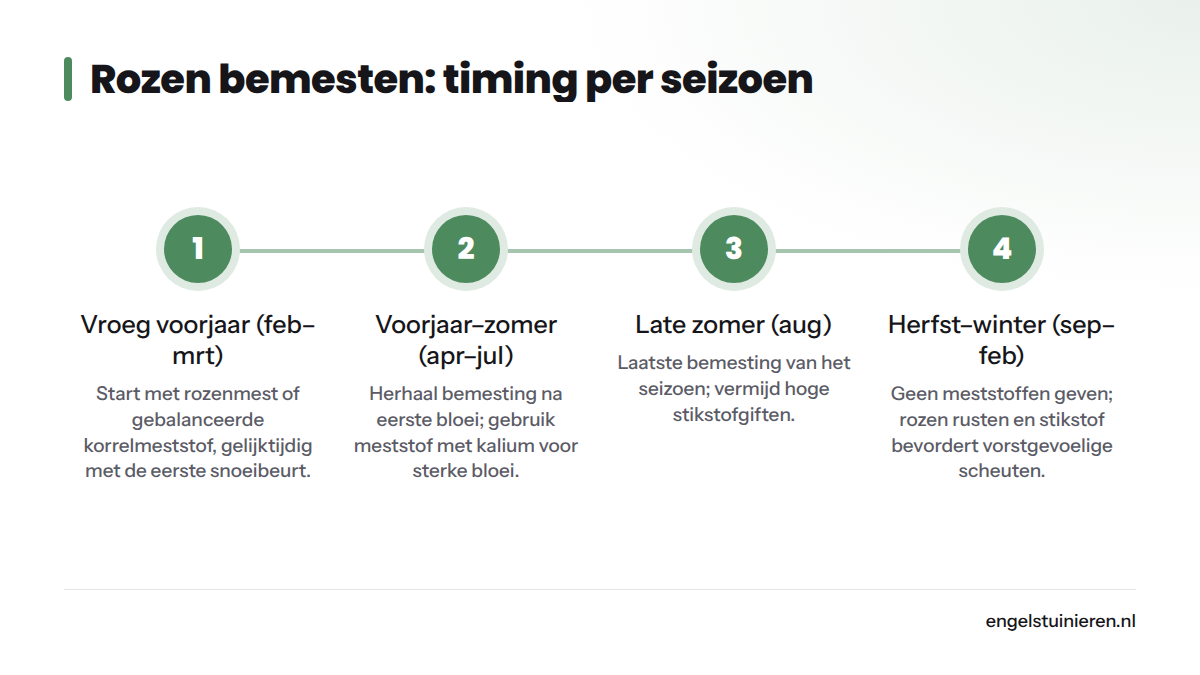 Vier stappen voor rozenbemesting door het jaar: starten in het vroege voorjaar, herhalen in voorjaar tot zomer, laatste gift in augustus en rust houden van september tot februari.