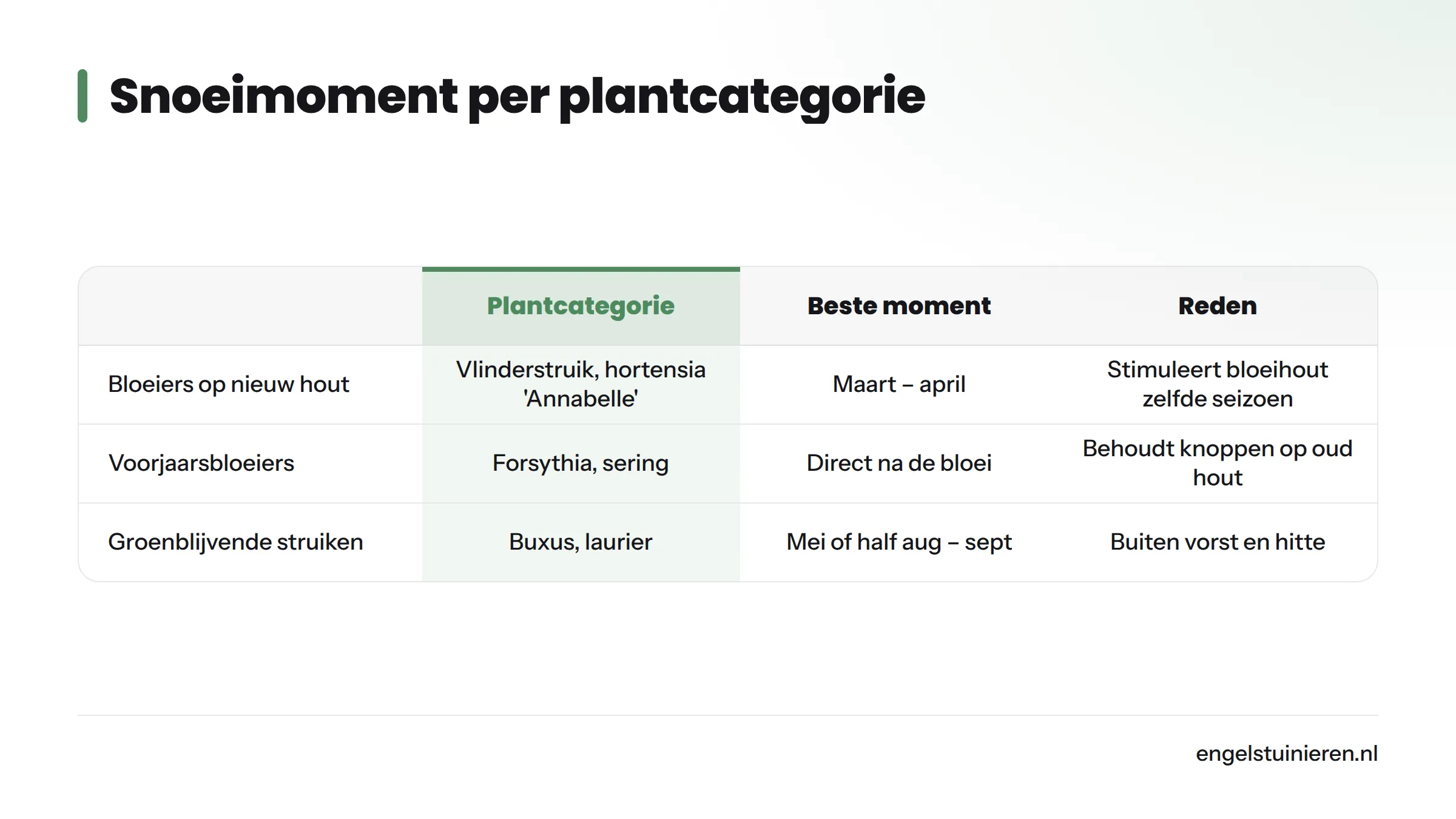Vergelijkingstabel met het beste snoeimoment en de reden per plantcategorie: bloeiers op nieuw hout in maart-april, voorjaarsbloeiers direct na de bloei, en groenblijvende struiken in mei of half…
