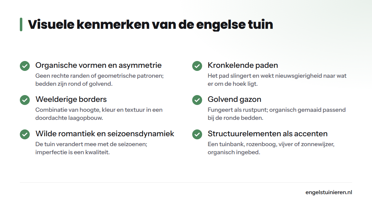 Checklist met zes visuele kenmerken van de engelse tuinstijl: organische vormen, kronkelende paden, weelderige borders, golvend gazon, wilde romantiek en structuurelementen als accenten.