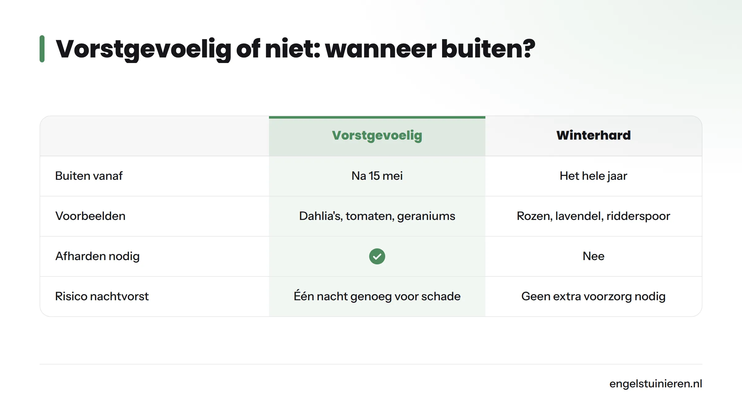 Vergelijking van vijf planten op vorstgevoeligheid en het advies of ze voor of pas na 15 mei buiten kunnen.