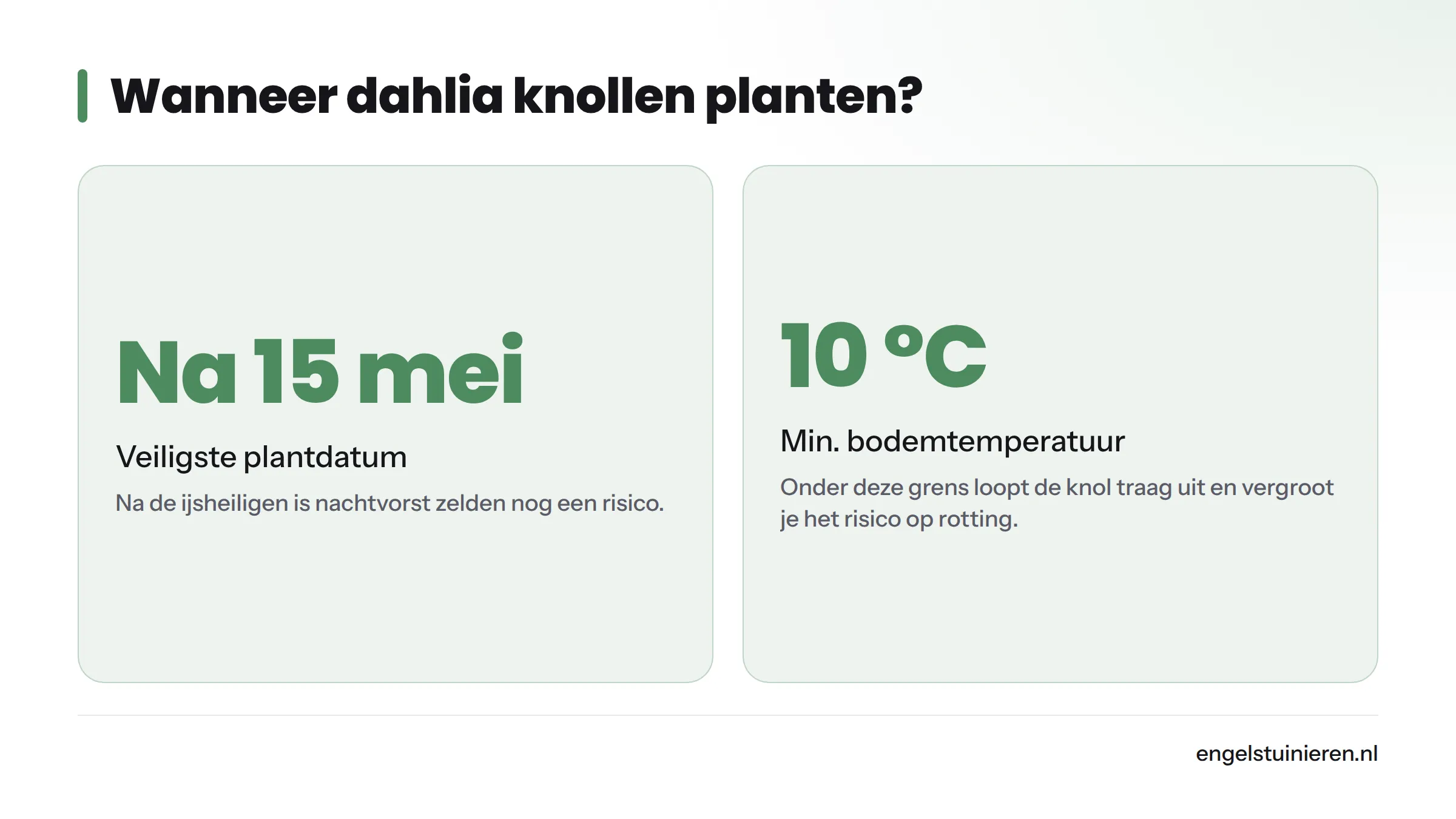 Drie kerngetallen over het plantmoment van dahlia's: na 15 mei planten, minimaal 10 °C bodemtemperatuur, eerste bloemen in augustus.