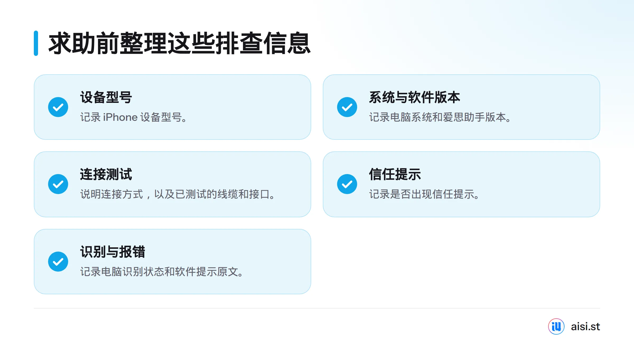 联系支持前，整理设备与软件版本、连接方式、已测试的线缆和接口、信任提示、电脑识别状态及软件提示原文。