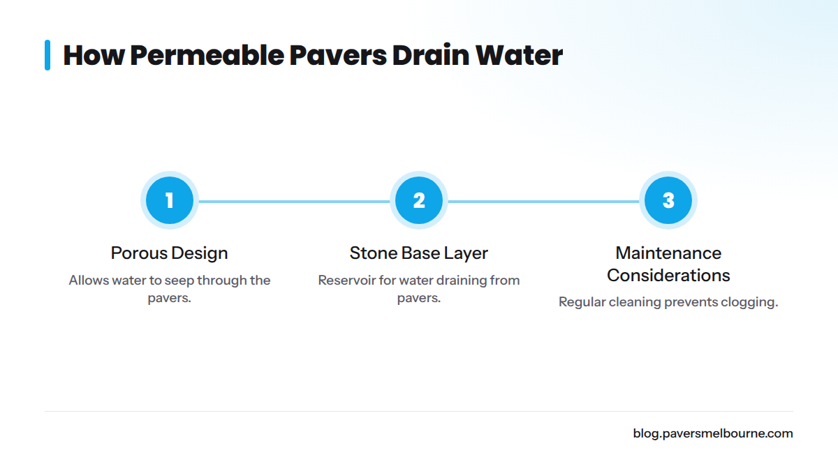 Steps detailing how permeable pavers facilitate drainage.