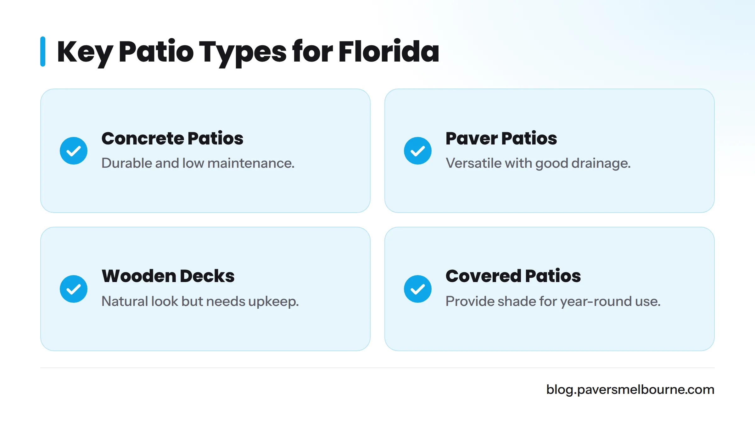 Checklist of patio types suitable for Florida homes including concrete, paver, wooden, and covered patios.