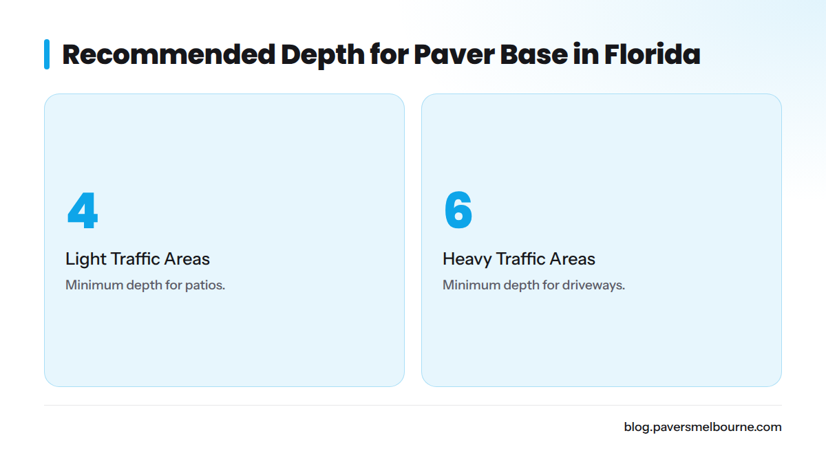 Depth requirements for paver base in Florida: 4 inches for patios, 6 inches for driveways.