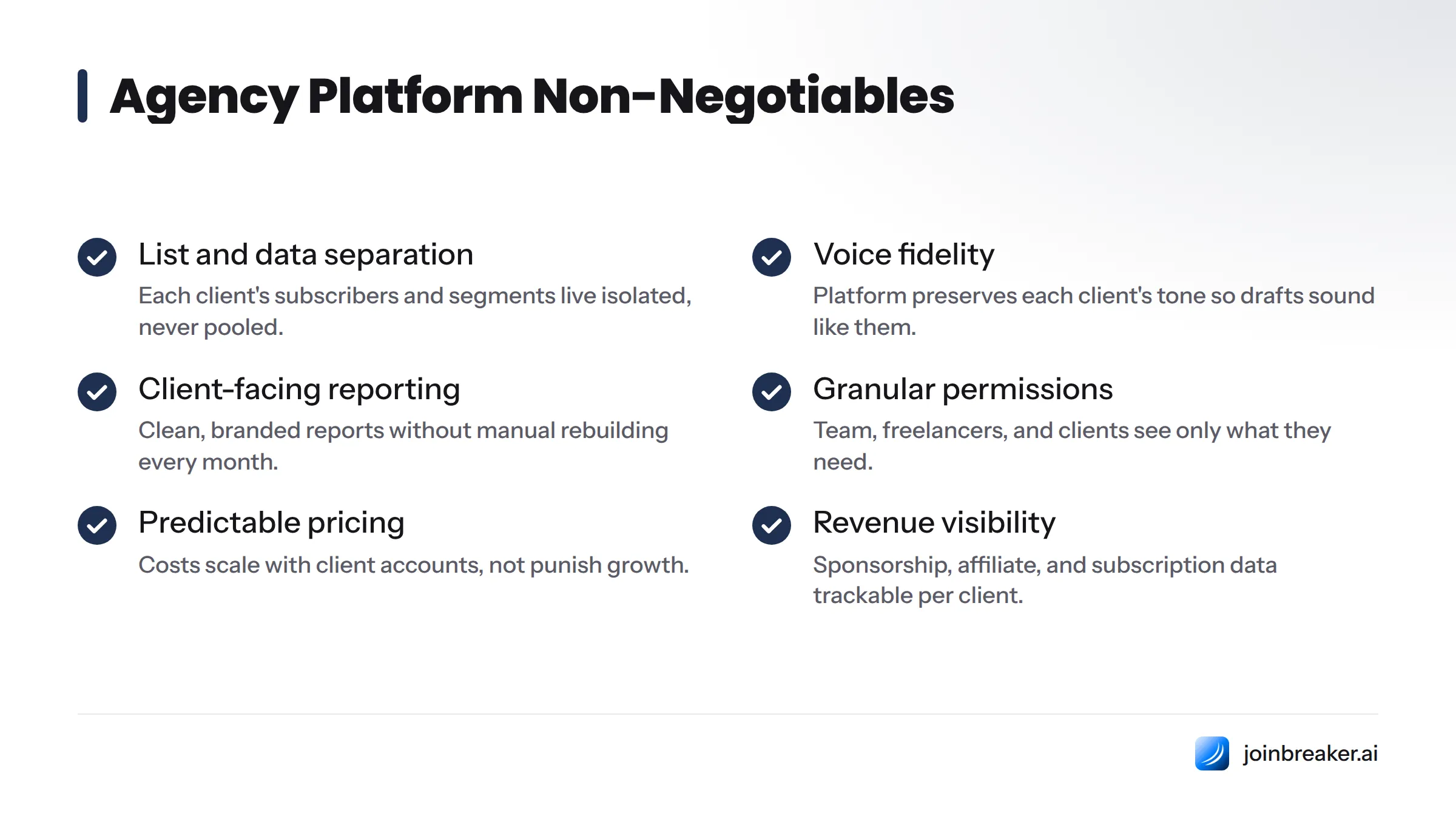 Six checklist items required for newsletter agency software: list and data separation, voice fidelity, client-facing reporting, granular permissions, predictable pricing, and revenue visibility.
