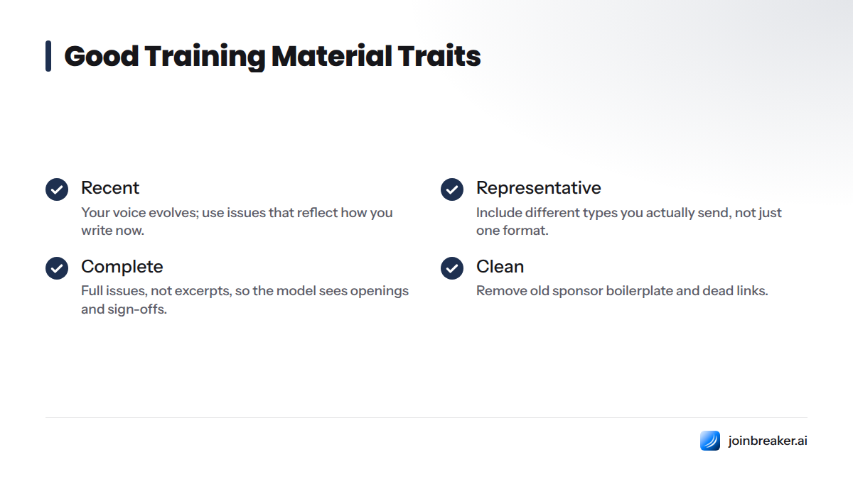 A checklist of four criteria for gathering newsletter samples: recent, representative, complete, and clean.