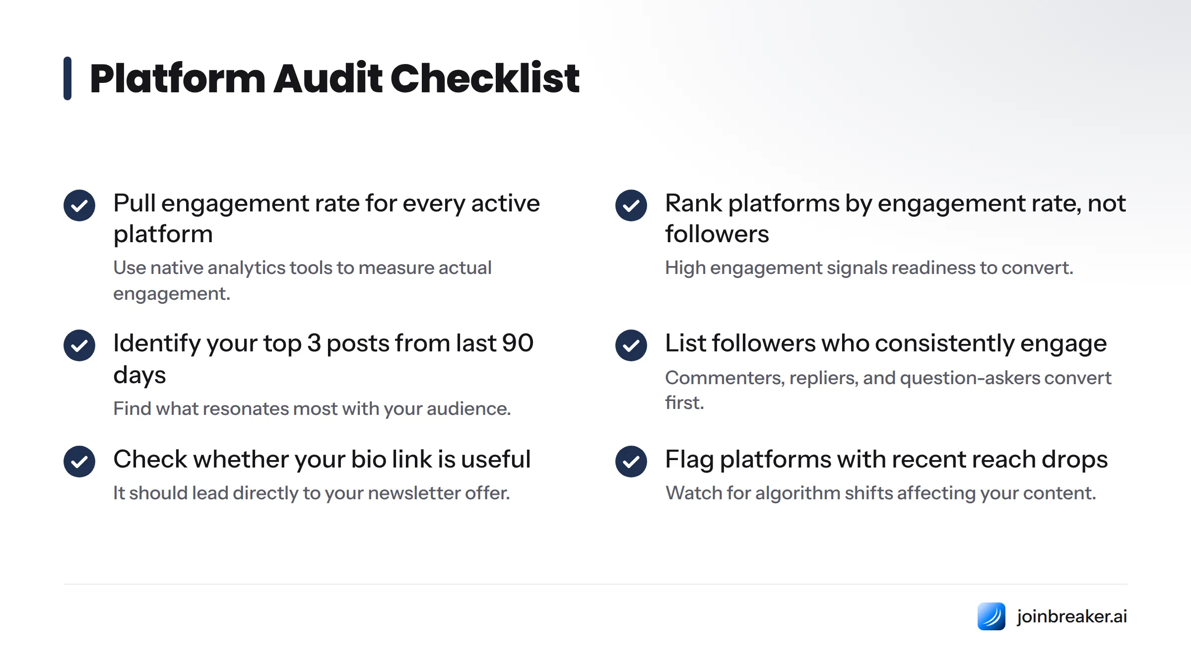 A checklist of seven tasks for evaluating which social platforms are best targets for newsletter migration.