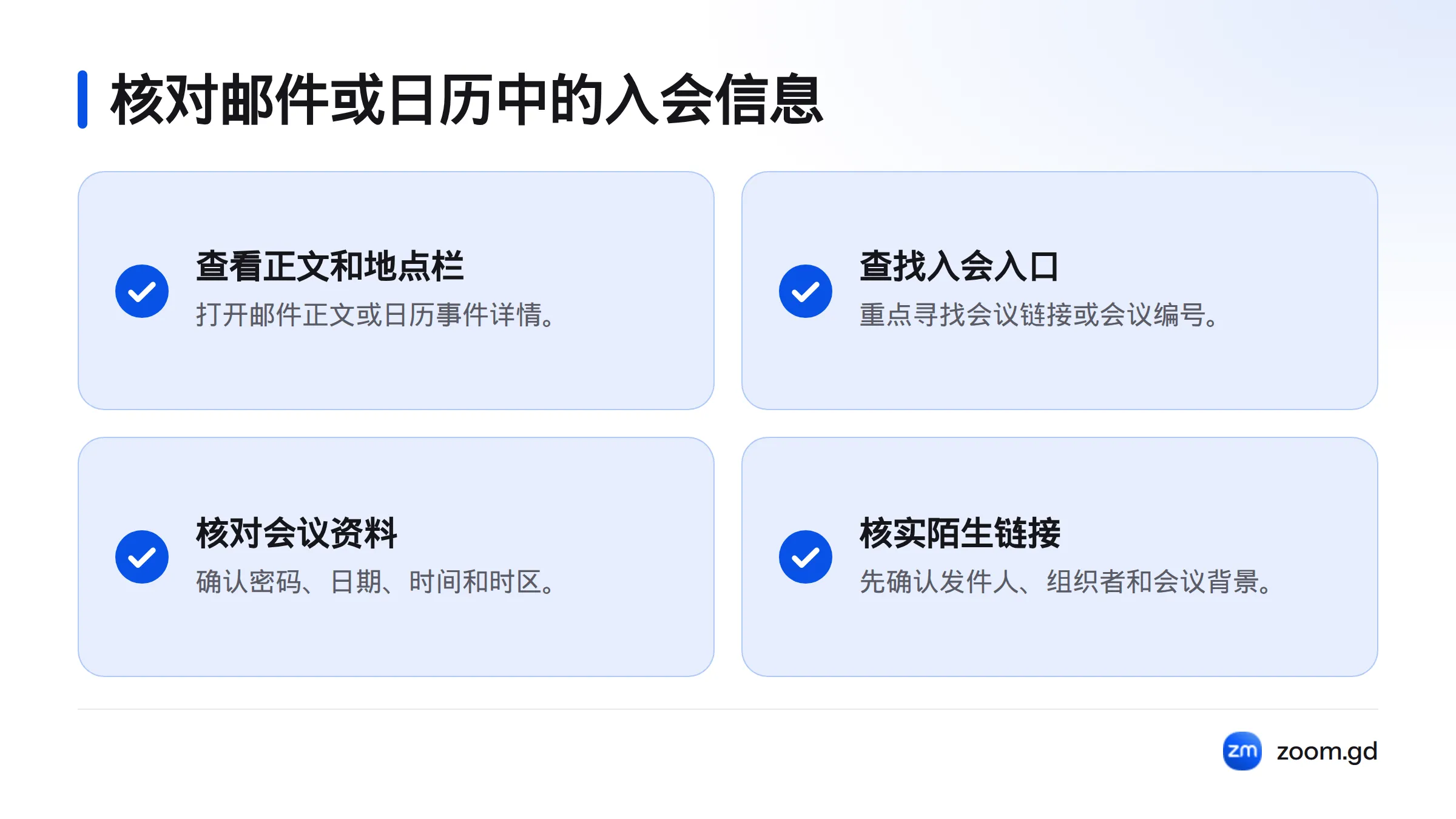 清单展示查看邀请正文和地点栏、查找会议链接或编号、核对密码与日期时间时区,以及确认陌生链接来源这四项检查。