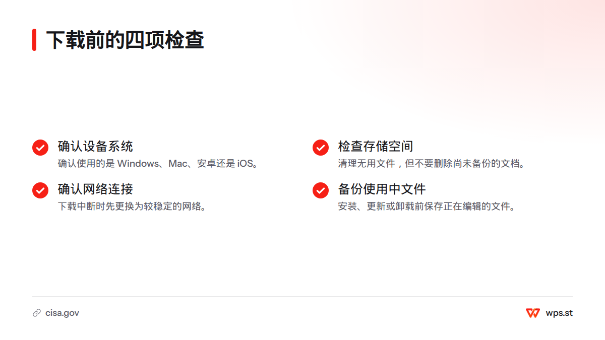 清单展示下载 WPS 前应确认设备和系统、检查存储空间、确认网络连接，并备份正在使用的文件。