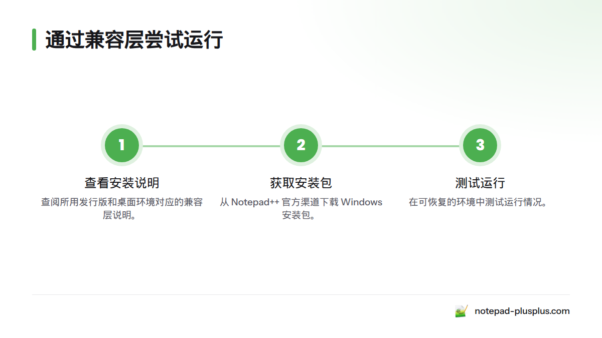 先查看发行版和桌面环境对应的兼容层说明，再从 Notepad++ 官方渠道获取 Windows 安装包，最后在可恢复的环境中测试。