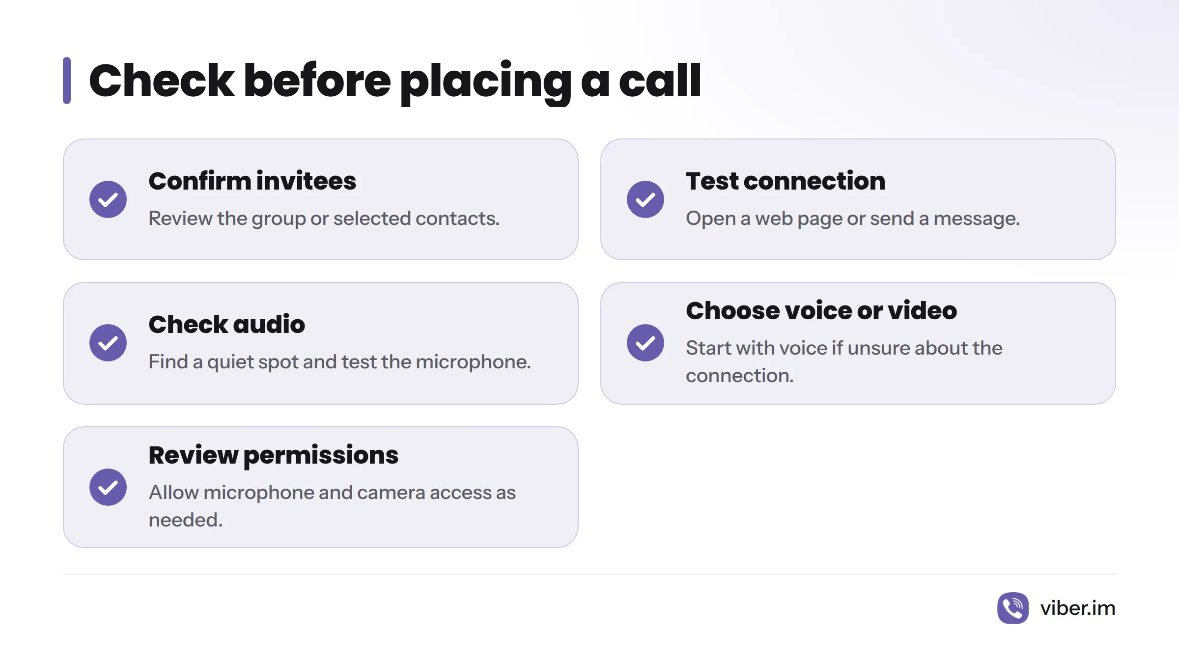 Five checks before a call: invitees, connection, audio, call type, and permissions.