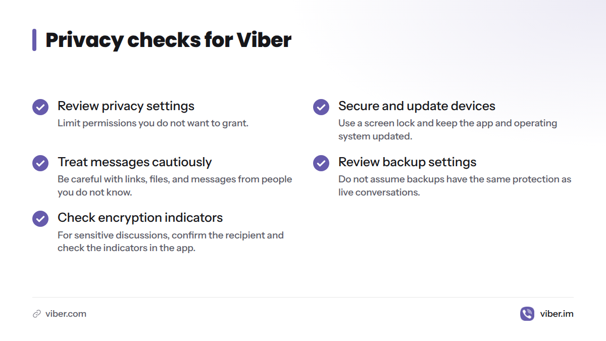 Five checks cover privacy settings, device security, suspicious messages, backups, and encryption indicators.
