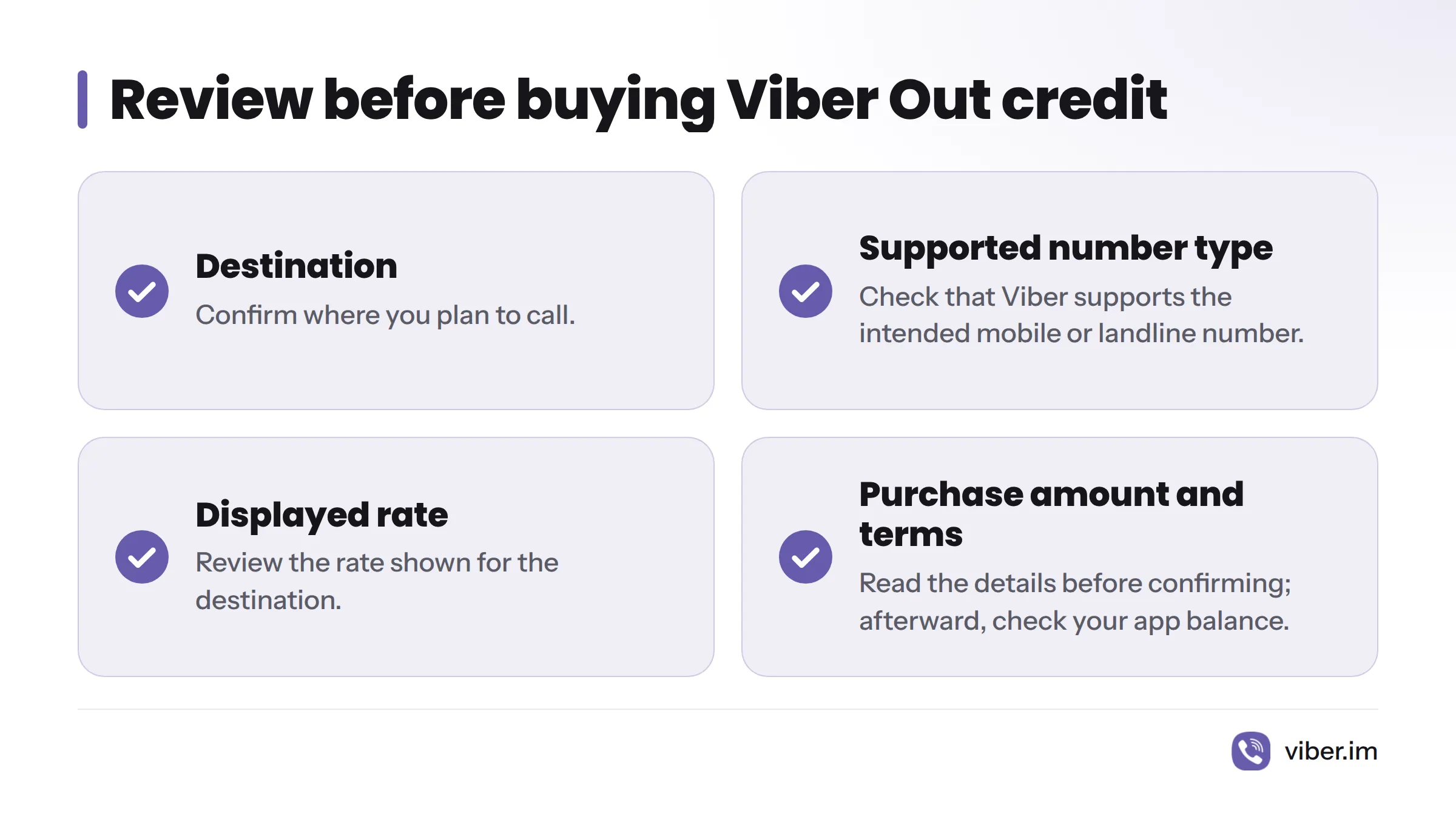Before confirming a credit purchase, check the destination, supported number type, displayed rate, purchase amount and terms, then verify the balance afterward.