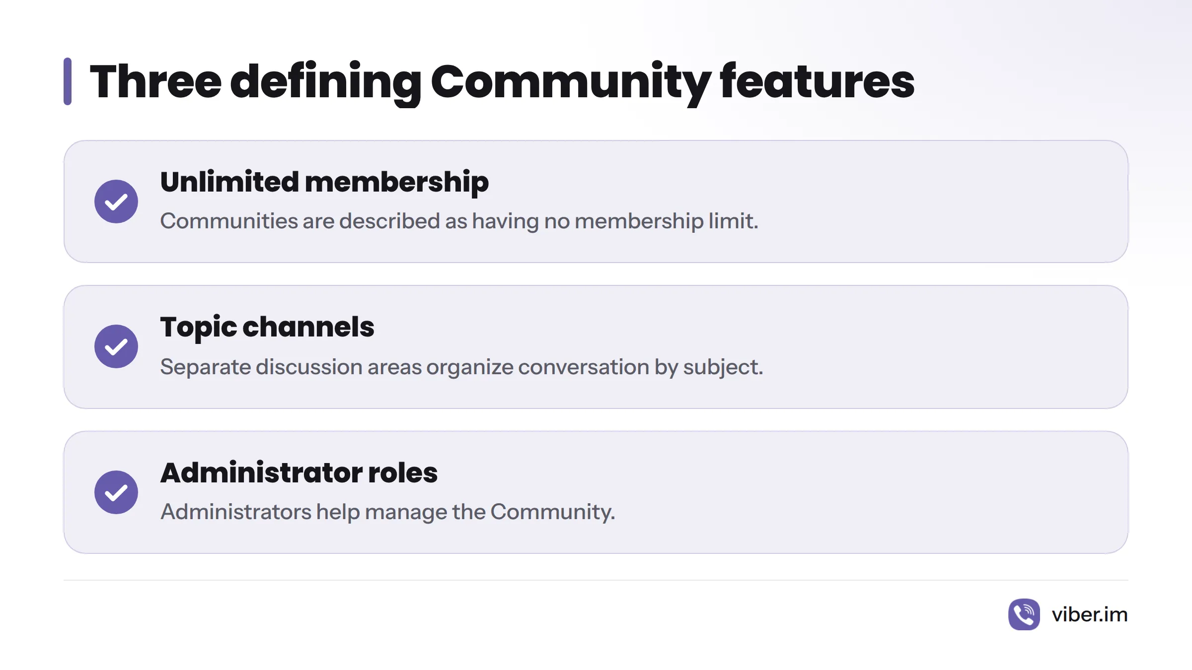 A Viber Community is described by unlimited membership, topic channels, and administrator roles.