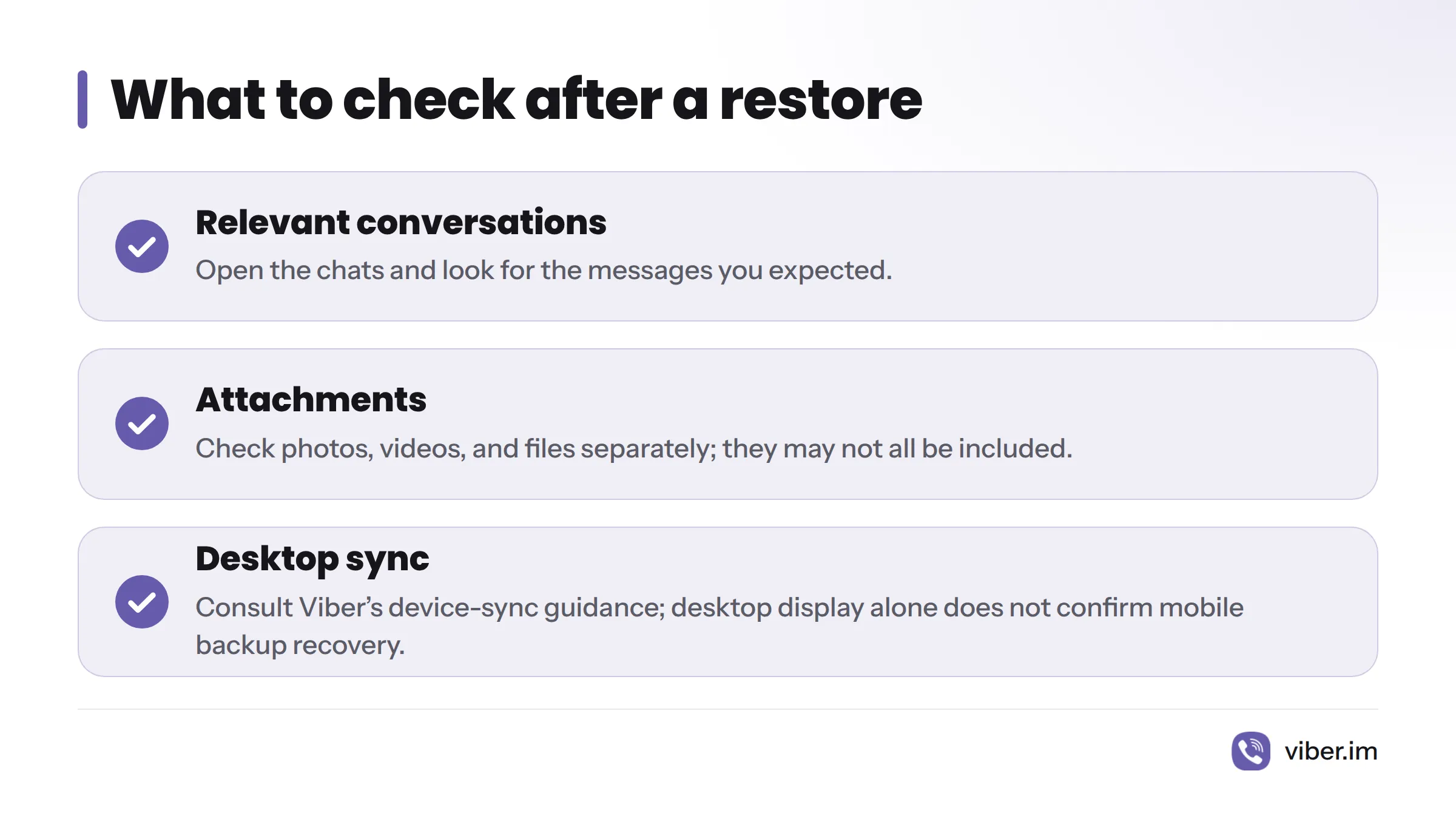 Check the expected messages in relevant chats, verify attachments separately, and treat desktop sync as a separate issue.