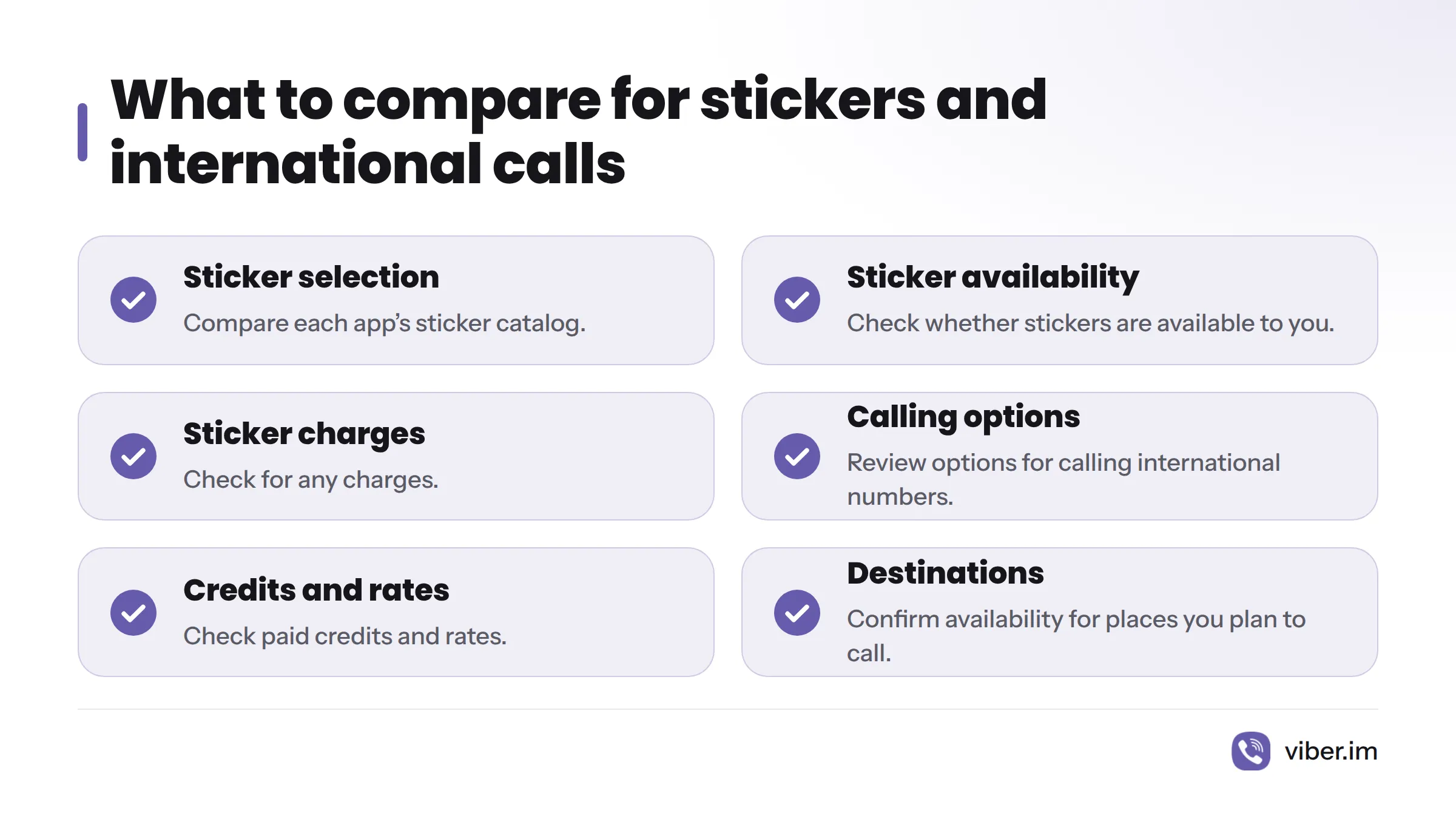 Checklist of sticker selection, availability, and charges, plus international calling options, credits, rates, and destination availability.