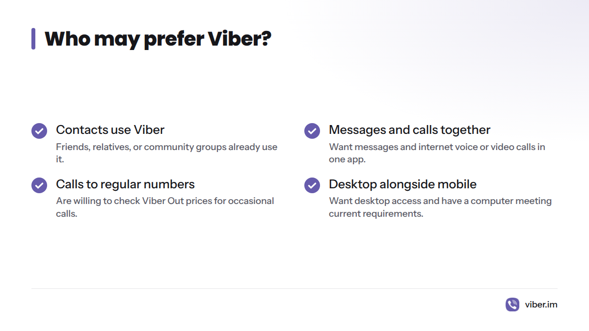 Four points indicate when Viber may suit someone: contacts already use it, they want messaging and calls, they may call regular numbers, or they want desktop access.
