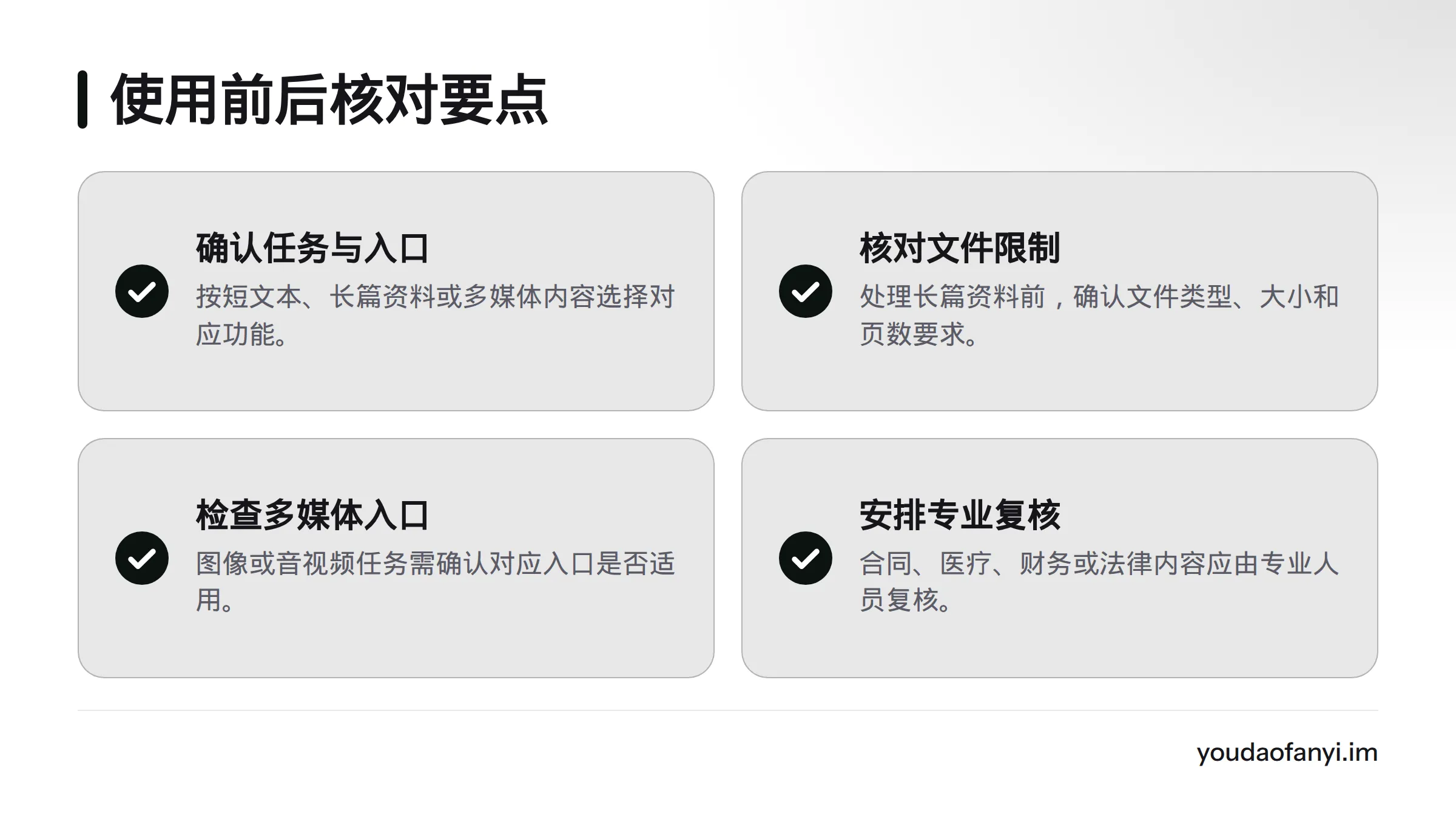 从确认任务与入口、核对文件限制、检查图像或音视频适用范围,到重要内容由专业人员复核,概览使用前后的核对事项。