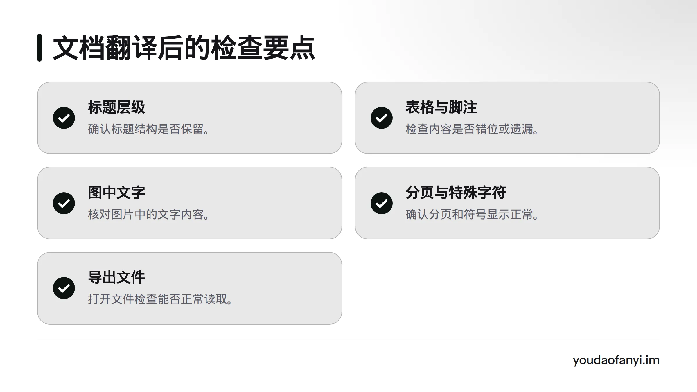 检查文档翻译时,应核对标题层级、表格与脚注、图中文字、分页和特殊字符,并确认导出文件可正常读取。