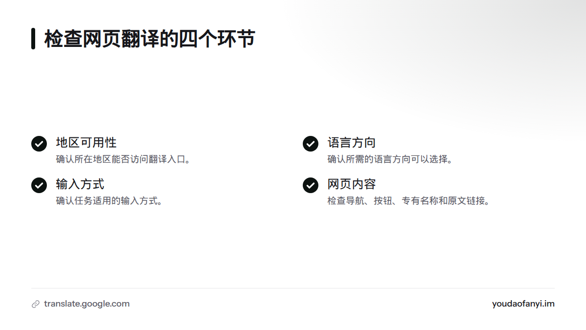 使用网页翻译前后,依次核实所在地区可用性、语言方向、输入方式,以及导航、专名和原文链接。