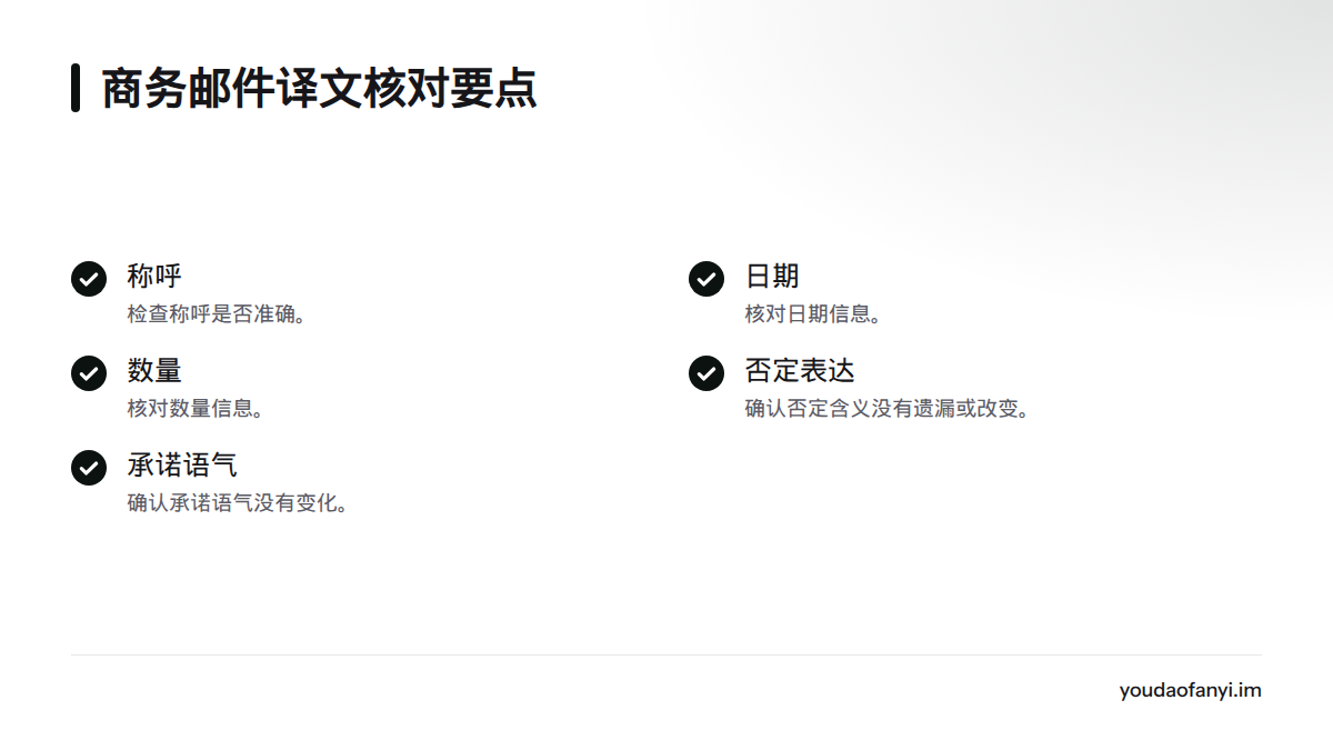 译文复核清单涵盖称呼、日期、数量、否定表达和承诺语气。
