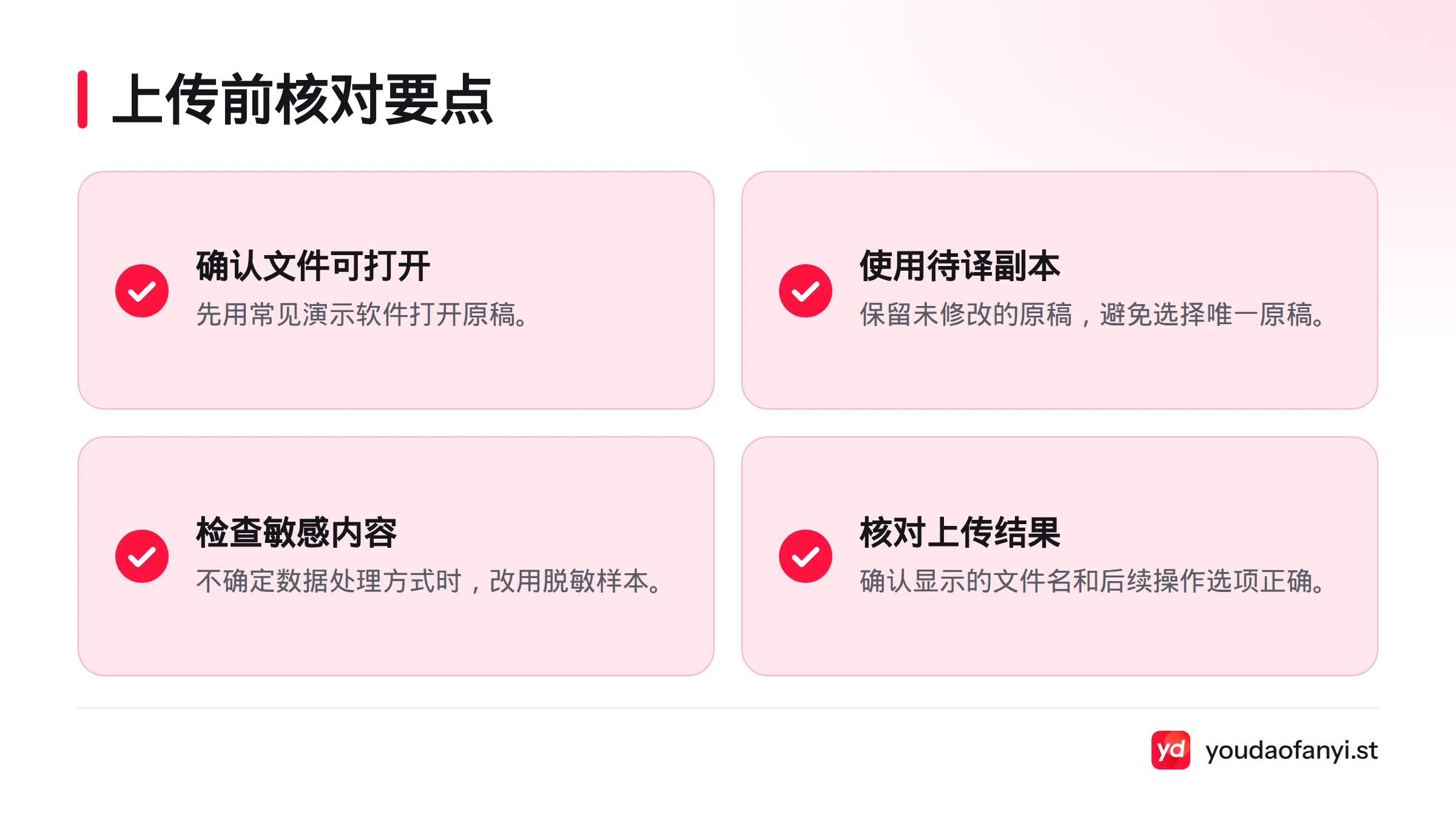 上传前应确认文件可正常打开、使用待翻译副本,并检查文件内容与上传后的页面选项。