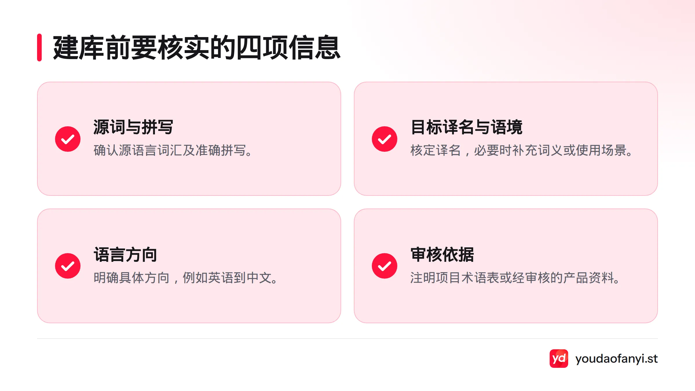 建库前应确认源词拼写、目标译名及语境、语言方向和译名审核依据。