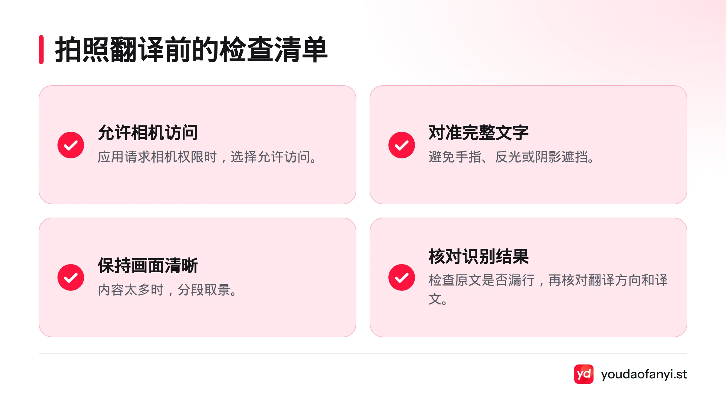拍摄前确认相机权限、文字完整清晰并位于画面内；识别后检查原文、语言方向和译文。